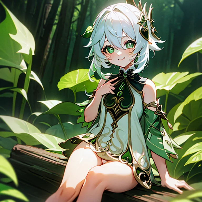 Cute, green eyes, 1 girl, sitting, white hair, (genshin impact), smiling, forest background, not wearing panties, cute pussy, cute asshole