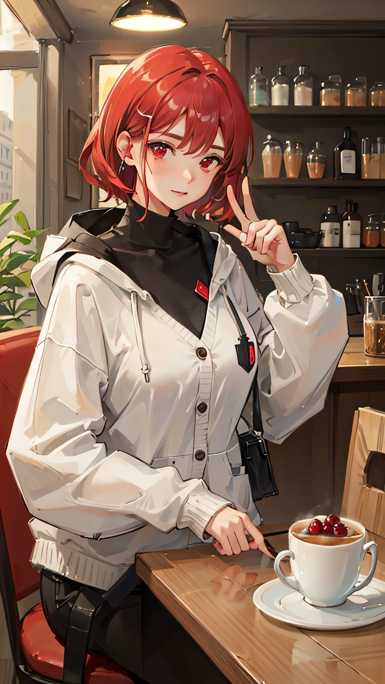cute,cute,
1 girl, alone,
cranberry hair, pixie cut, bangs, hair ornaments,
red eyes,
point finger,
Close a view, from a pigeon,
Severe,
Oversized cardigan with patch pockets and hood,
big breasts,
BREAK The background is a cafe,Gemini,