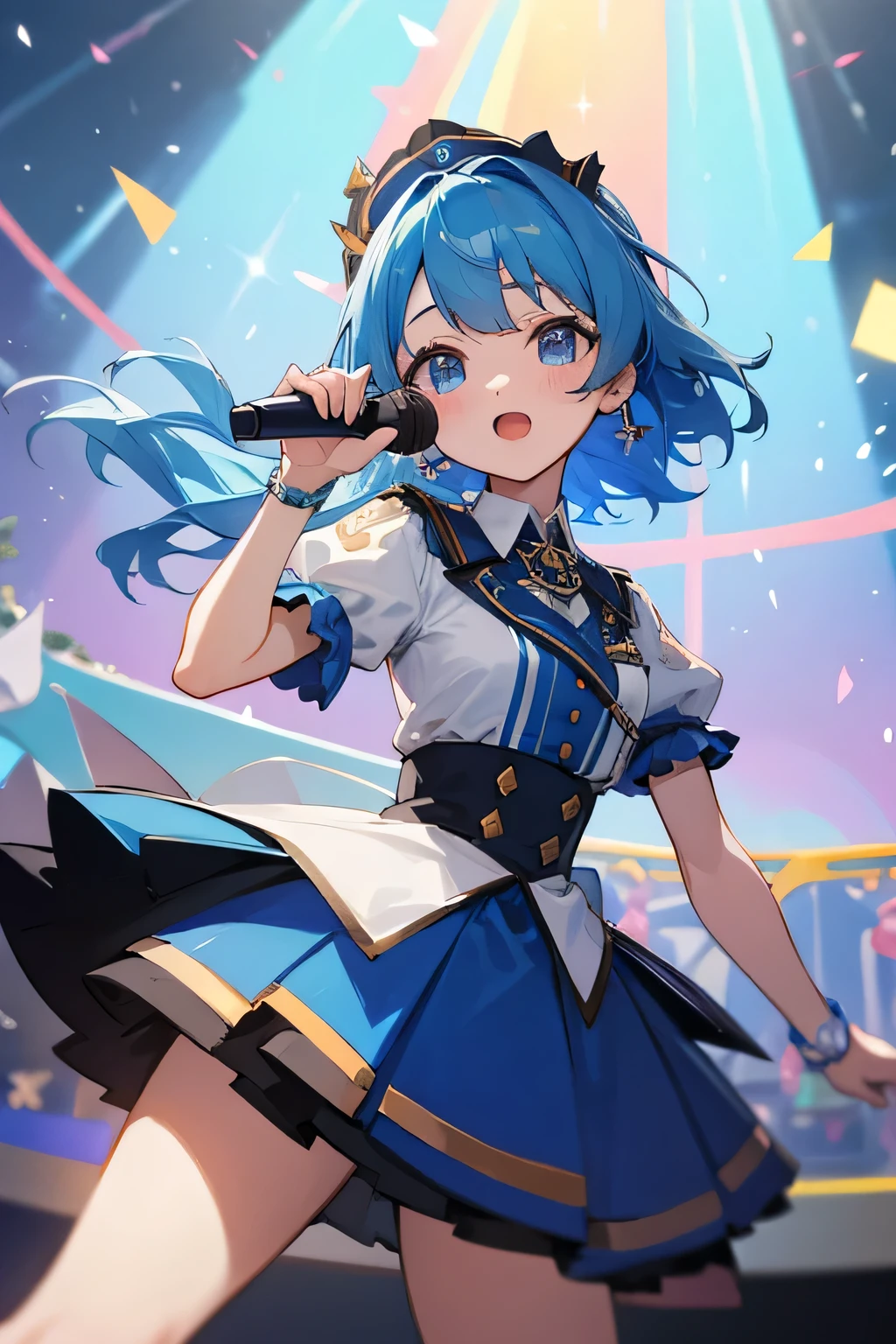 (masterpiece、highest quality)、VTUBER idols are singing songs、facing the front、blue hair