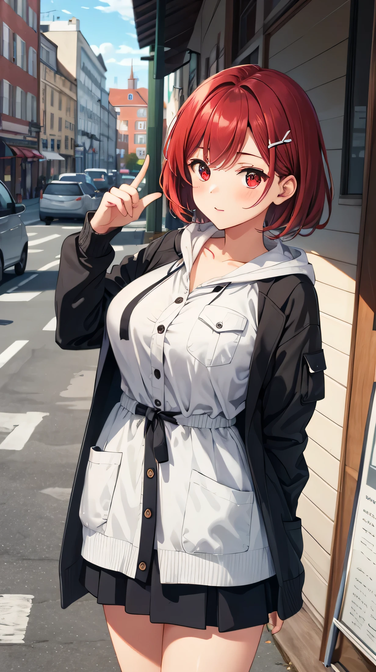 cute,cute,
1 girl, alone,
cranberry hair, pixie cut, bangs, hair ornaments,
red eyes,
point finger,
Close a view, from a pigeon,
Severe,
Oversized cardigan with patch pockets and hood,
big breasts,
BREAK The background is a cafe,Gemini,