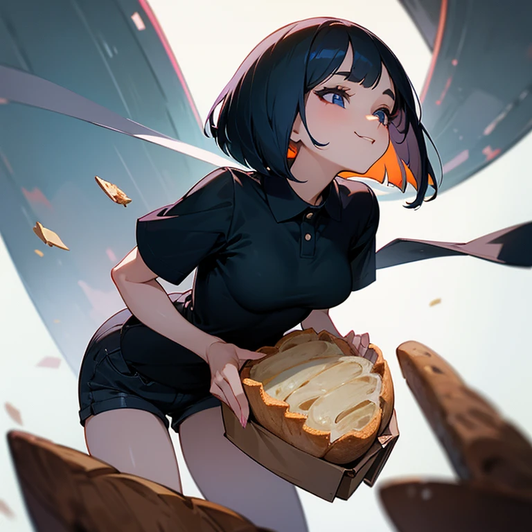 insanely detailed, half body shot, happy, beautiful girl, perfect small face, big breasts, slender, bob cut, polo shirt, short pants, eat bread, 16K