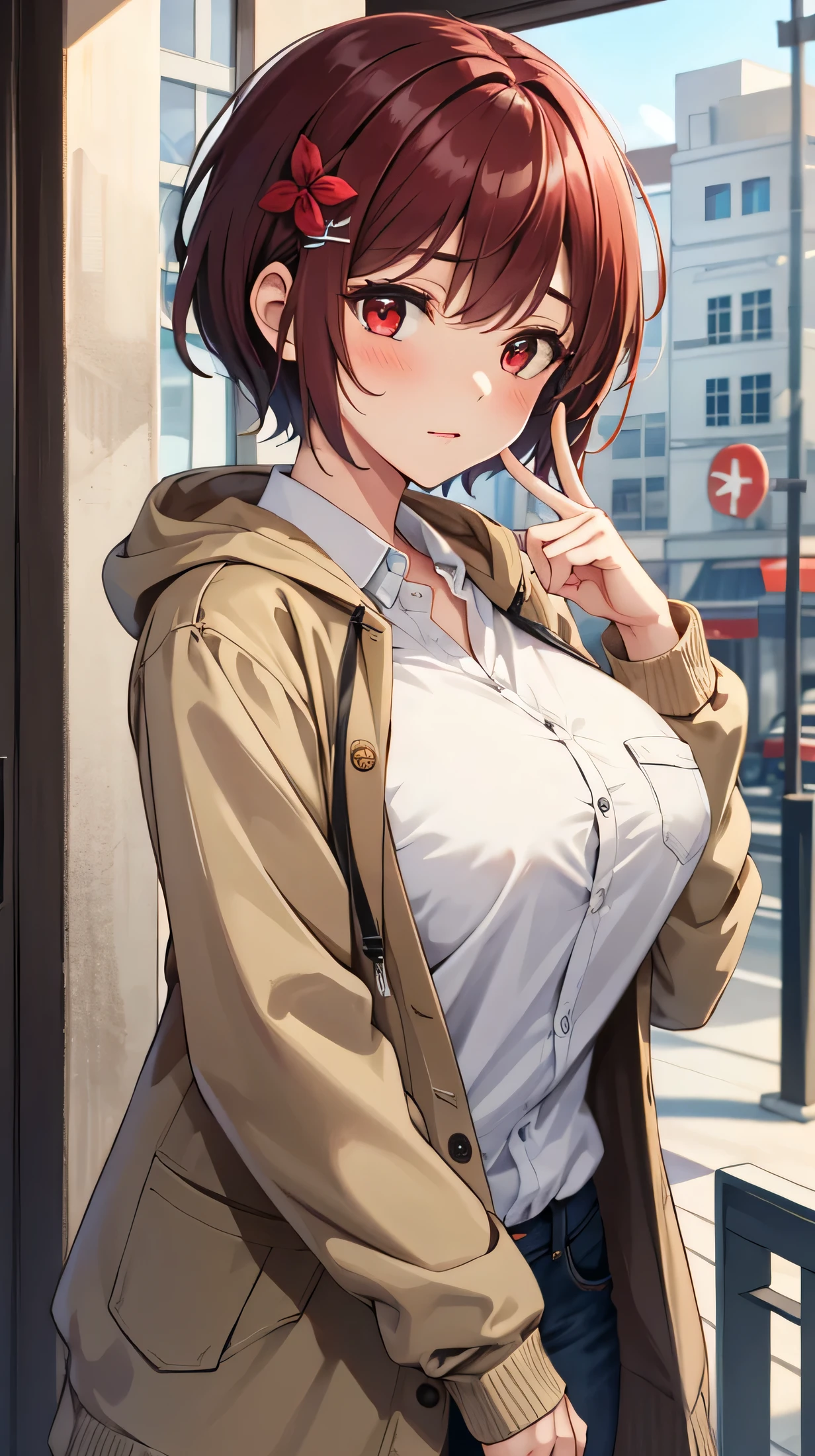 cute,cute,
1 girl, alone,
cranberry hair, pixie cut, bangs, hair ornaments,
red eyes,
point finger,
Close a view, from a pigeon,
Severe,
Oversized cardigan with patch pockets and hood,
big breasts,
BREAK The background is a cafe,Gemini,