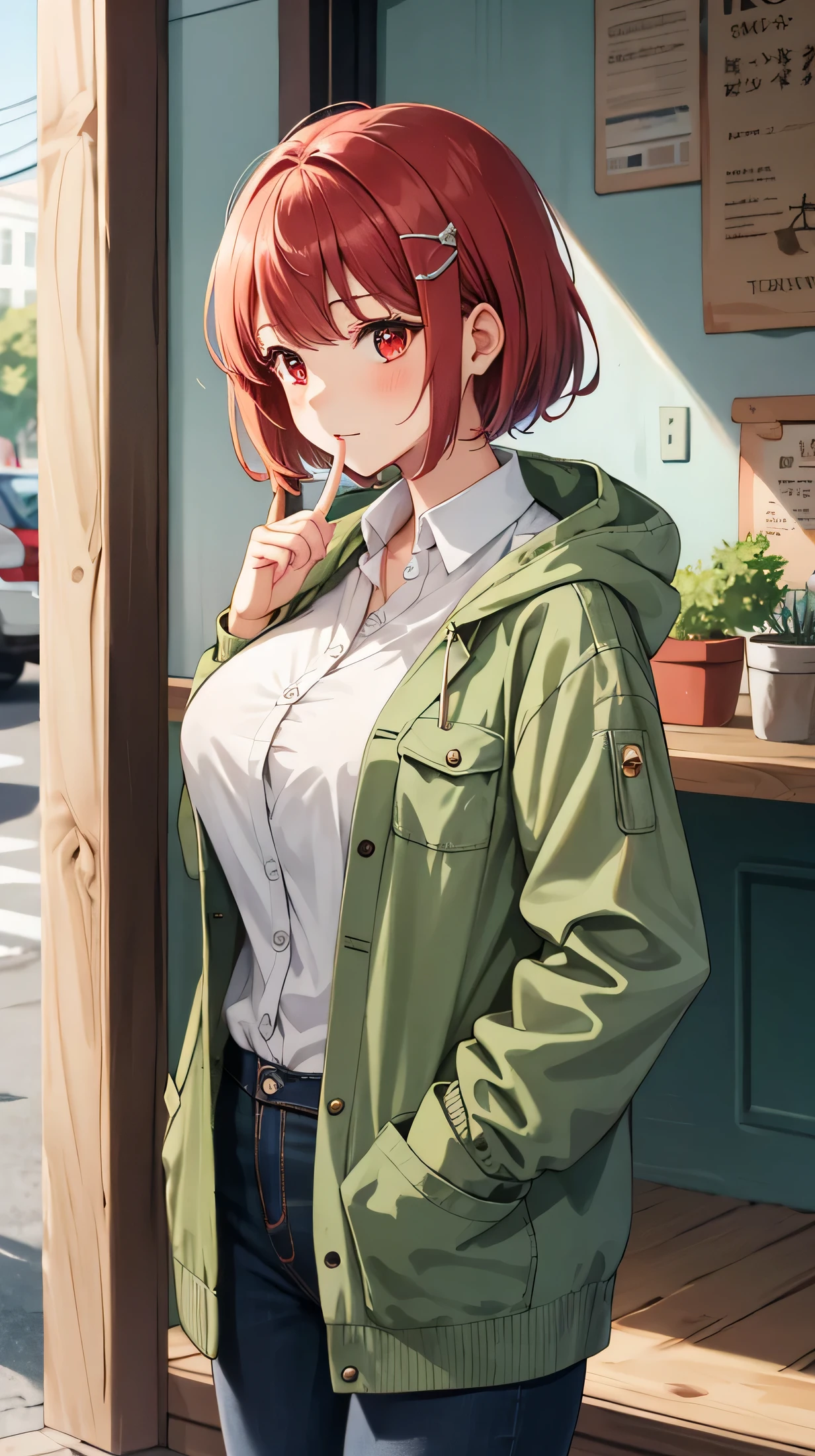 cute,cute,
1 girl, alone,
cranberry hair, pixie cut, bangs, hair ornaments,
red eyes,
point finger,
Close a view, from a pigeon,
Severe,
Oversized cardigan with patch pockets and hood,
big breasts,
BREAK The background is a cafe,Gemini,