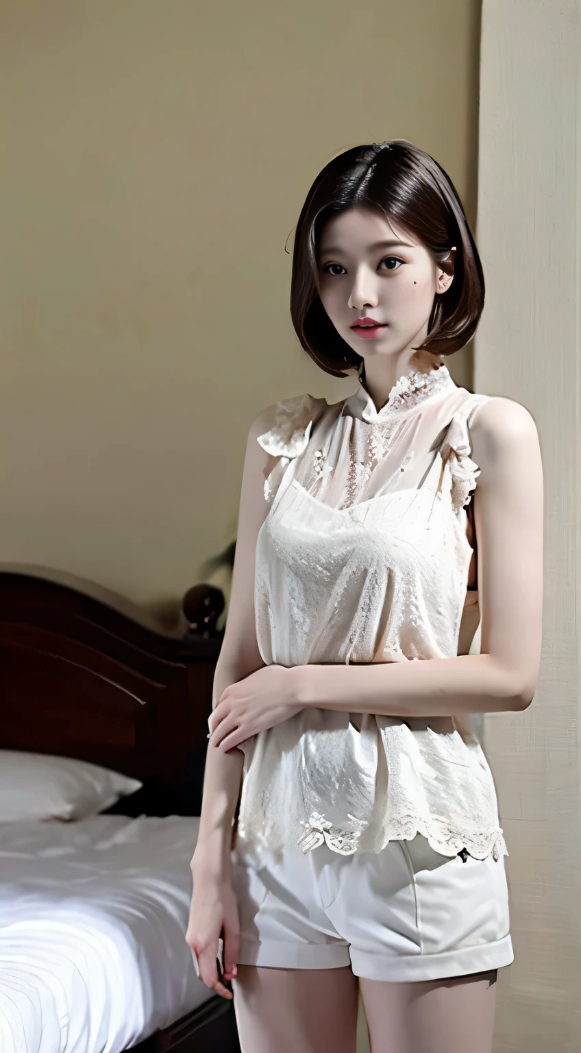 Perfect skin Perfect girl face, ultra-thin lace trim, super short full, private room girlfriend room, white clothes, perfect picture quality, 4k picture quality