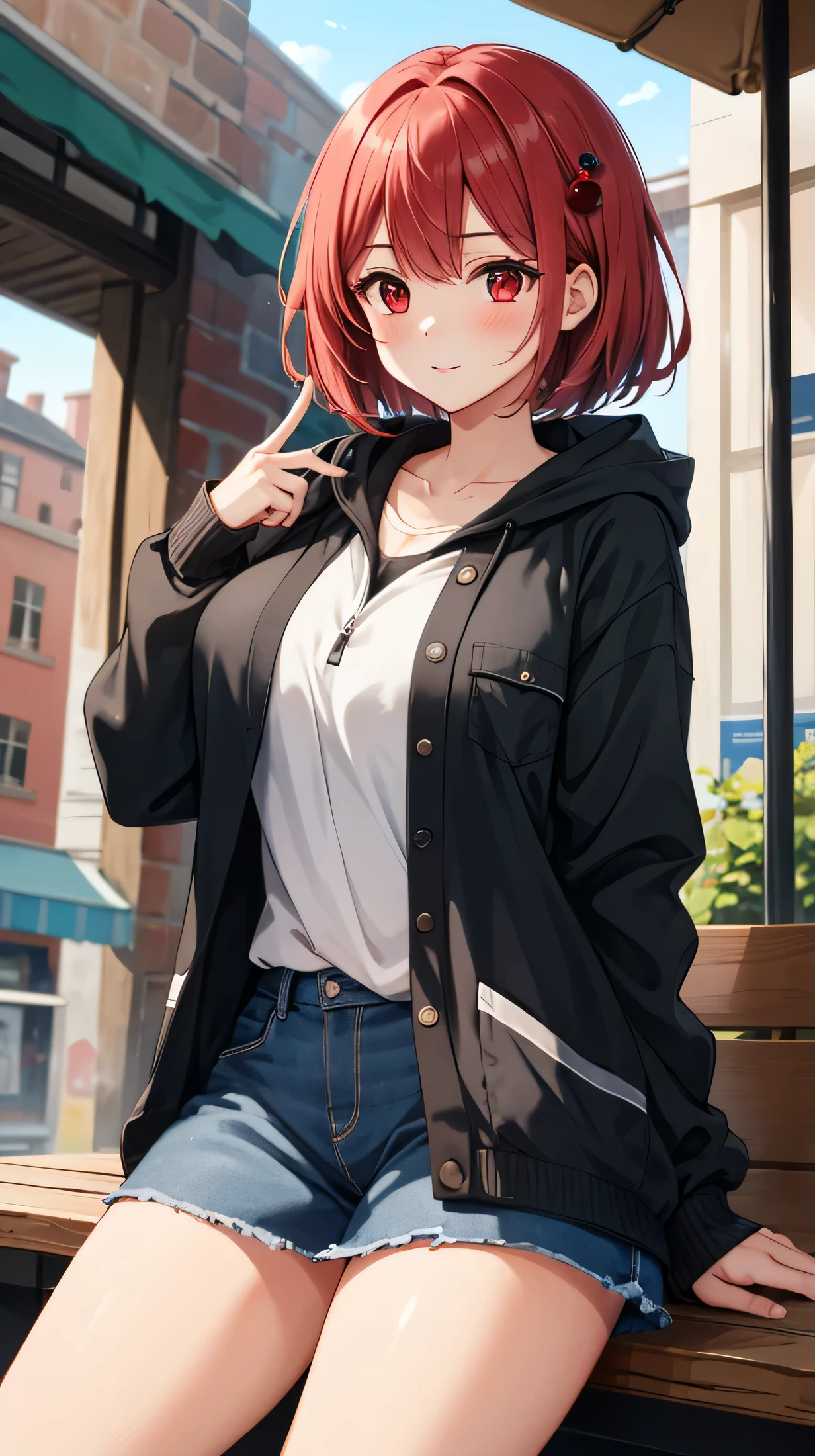 cute,cute,
1 girl, alone,
cranberry hair, pixie cut, bangs, hair ornaments,
red eyes,
point finger,
Close a view, from a pigeon,
Severe,
Oversized cardigan with patch pockets and hood,
big breasts,
BREAK The background is a cafe,Gemini,