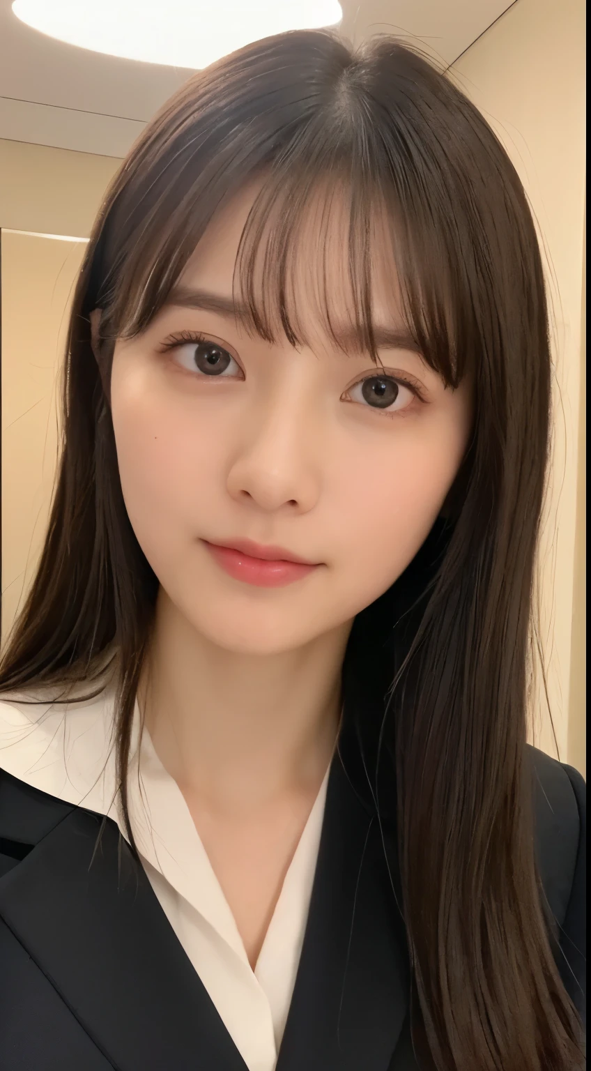 ((highest quality、8K、masterpiece:1.5))、one girl、(unhealthy face)、(letter to)、dull bangs、(lots of bangs:1.4)、(Full body Esbian:1.4)、(symmetrical face)、highly detailed face、super detailed mouth、detailed eye、Fine ears、slim face、(Self snap:1.4)、(off shoulder)、(armpit)、(look up)、(From above)、(straight long hair、Ahoge:1.3)、(upper eye)、background is blurry、(Formal suit:1.3)、lip gloss、(Hotel)、(natural soft light:1.3)、