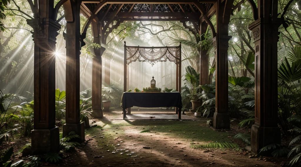 realistic portrait of a tropical forest with thin, transparent mist, a simple prayer room in the middle of the forest, with decorative Islamic carvings on the fence, light coming in from between the leaves of large trees, realistic photography, real picture, FHD 18K