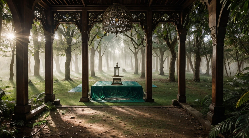 realistic portrait of a tropical forest with thin, transparent mist, a simple prayer room in the middle of the forest, with decorative Islamic carvings on the fence, light coming in from between the leaves of large trees, realistic photography, real picture, FHD 18K