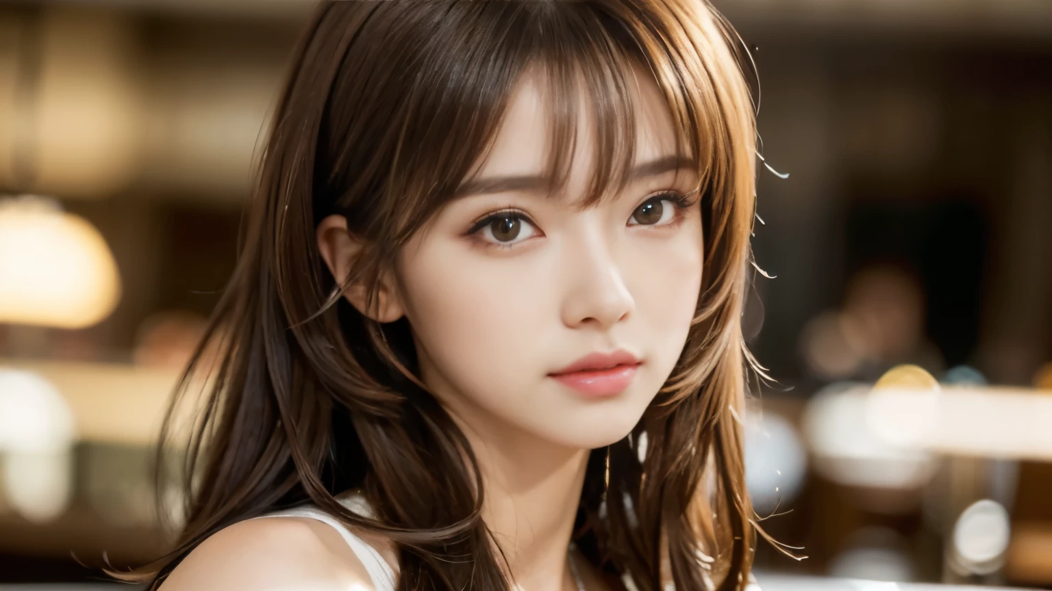(masterpiece, super detailed, very detailed, exquisite, 16k, disorganized), woman, 19 years old, glamorous, (Suppin breeze:1.4), looking at the viewer, medium hair, messy hair, diagonal bangs, brown hair, brown eyes, Upper body, cinematic lighting, Blurry background in focus, Inside a stylish cafe, Urban Cafe