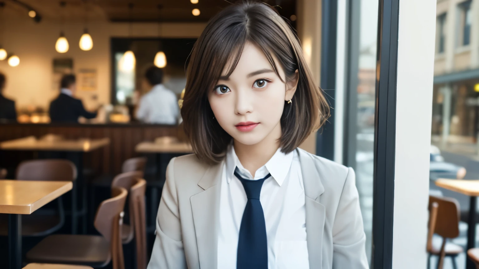 8K, highest quality, real image, intricate details, Super detailed, ultra high resolution, depth field,(realistic,realistic:1.2),table top , front shot , Photographed at a stylish cafe , girl, とても美しい17歳のgirl, innocent big eyes,、highly detailed eyes:1.2)、bangedium short hair, perfect skin, Fair skin, tight waist, light blush,  look at the viewer,((School_uniform),(blazer), (white shirt、wear a tie), (gray pleated skirt), (sculpture installation :1.1), urban cafe space, Customers enjoying cafe around