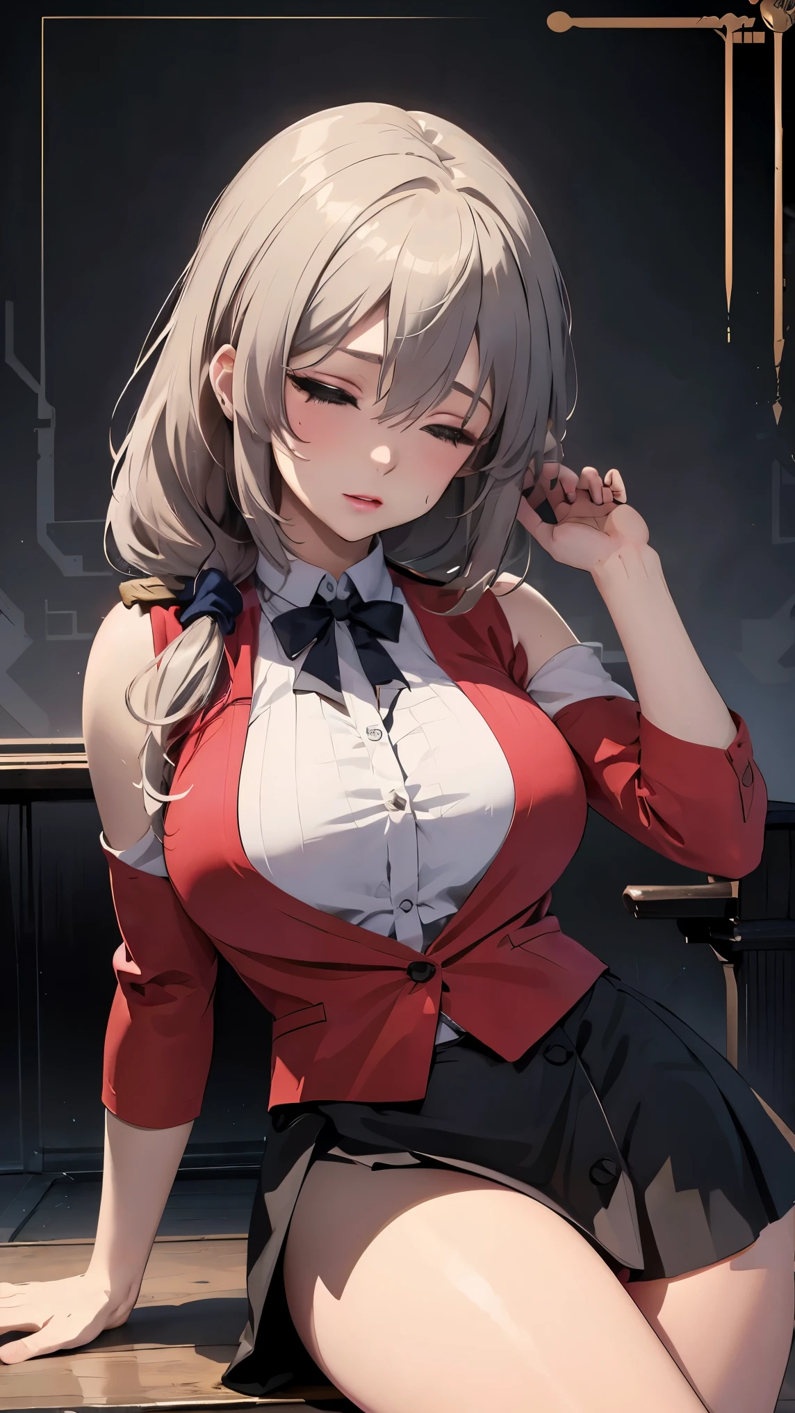 1girl, uzakitsuki, grey hair, hair between eyes, hair over shoulder, closed eyes, mature female, large breasts,
BREAK (Vest, red shirt, sleeveless, aiguillette, epaulettes, white bow, black skirt:1.2)
BREAK simple_black_background, black and white theme, Sense of coordination, sense of order, mathematics beauty, (((cover design))), (((((cover art))))),
BREAK ((anime girl)), best quality, expressive eyes, perfect face, (masterpiece), best quality, expressive eyes, perfect face, ((best quality)), ((ultra-detailed)), ((an extremely delicate and beautiful)), perfect eyes, perfect body, ((synmetry eyes)), beautiful eyes, ((thick thighs)), shiny skin, soft skin, ((synmetry body)), ((perfect body)), 