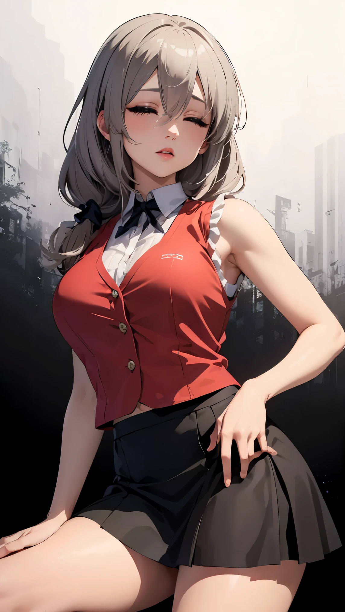 1girl, uzakitsuki, grey hair, hair between eyes, hair over shoulder, closed eyes, mature female, large breasts,
BREAK (Vest, red shirt, sleeveless, aiguillette, epaulettes, white bow, black skirt:1.2)
BREAK simple_black_background, black and white theme, Sense of coordination, sense of order, mathematics beauty, (((cover design))), (((((cover art))))),
BREAK ((anime girl)), best quality, expressive eyes, perfect face, (masterpiece), best quality, expressive eyes, perfect face, ((best quality)), ((ultra-detailed)), ((an extremely delicate and beautiful)), perfect eyes, perfect body, ((synmetry eyes)), beautiful eyes, ((thick thighs)), shiny skin, soft skin, ((synmetry body)), ((perfect body)), 