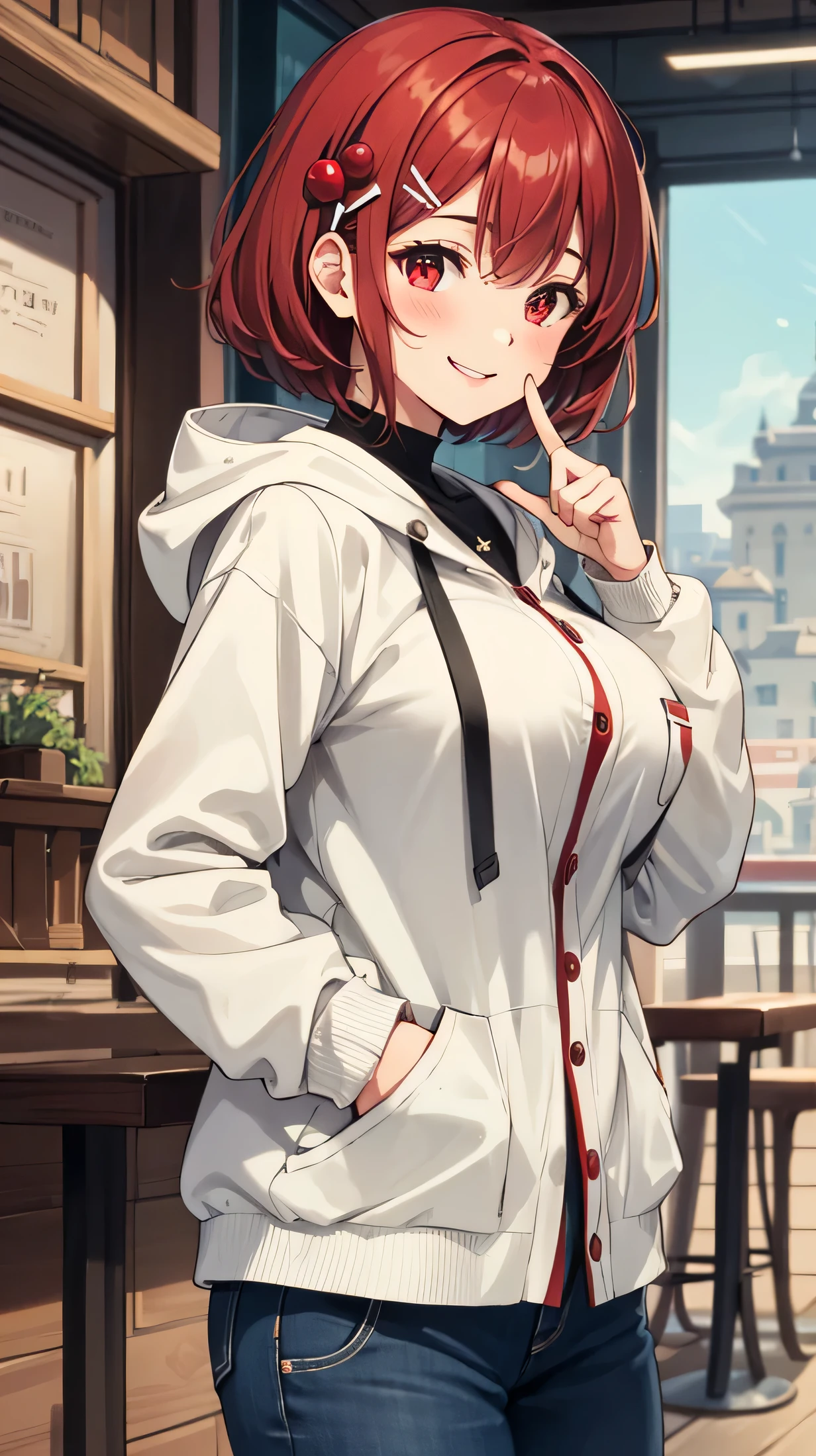 cute,cute,
1 girl, alone,
cranberry hair, pixie cut, bangs, hair ornaments,
red eyes,
point finger,
Oversized cardigan with smiling patch pockets and hood,
big breasts,
BREAK The background is a cafe,Gemini,