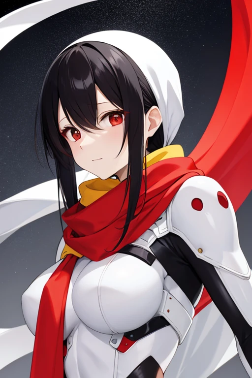 white and red tight rider suit, yellow scarf, black hair, glossy hair, long hair, beautiful woman,
