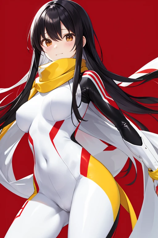 white and red tight rider suit, yellow scarf, black hair, glossy hair, long hair, beautiful woman, 