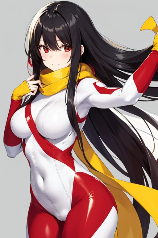 white and red tight rider suit, yellow scarf, black hair, glossy hair, long hair, beautiful woman, 