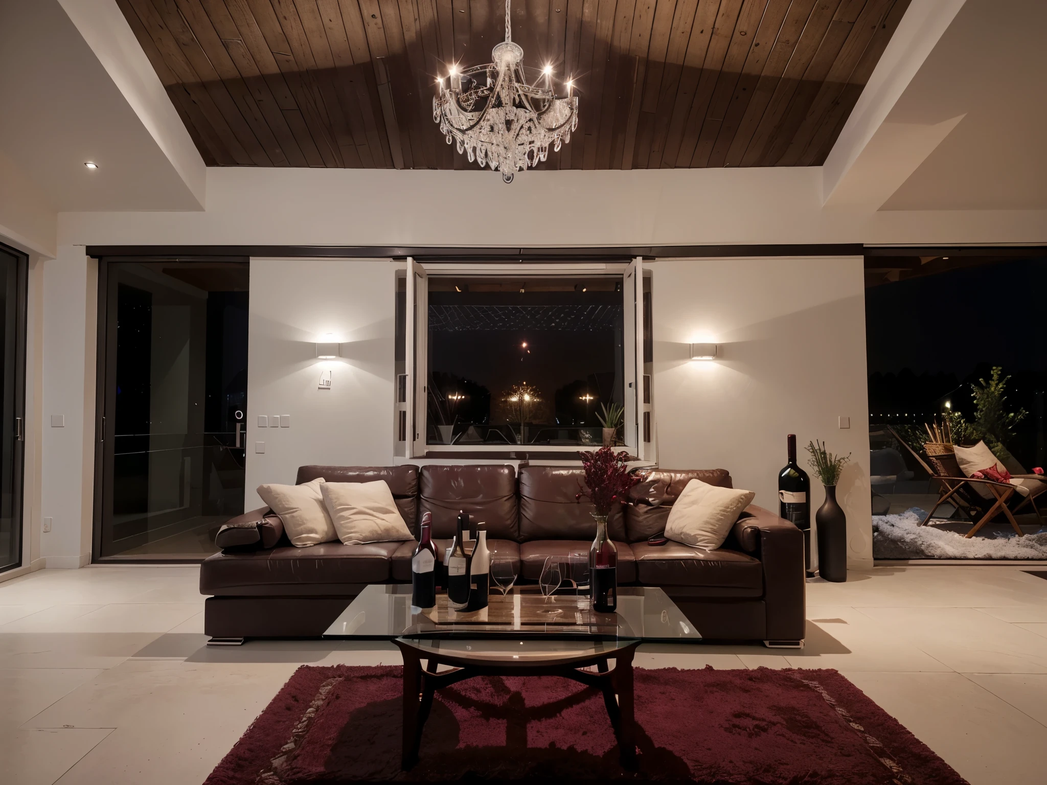 beautiful, very very modern house, with (((cosy fire 2.0))), modern designer furnishings, (((white walls))), (((night-time2.0 ))),glass coffee table with glasses of red wine on the table , (((red wine and glasses))),  double height corner large windows, looking over a night-time snowy countryside, over-looking a (large lake), with soft lighting in the garden and house. (((Bottle of red wine and two glasses))) on the coffee table. shot with a Canon EOS 5D F1/4, (((shot in landscape wide angle)))