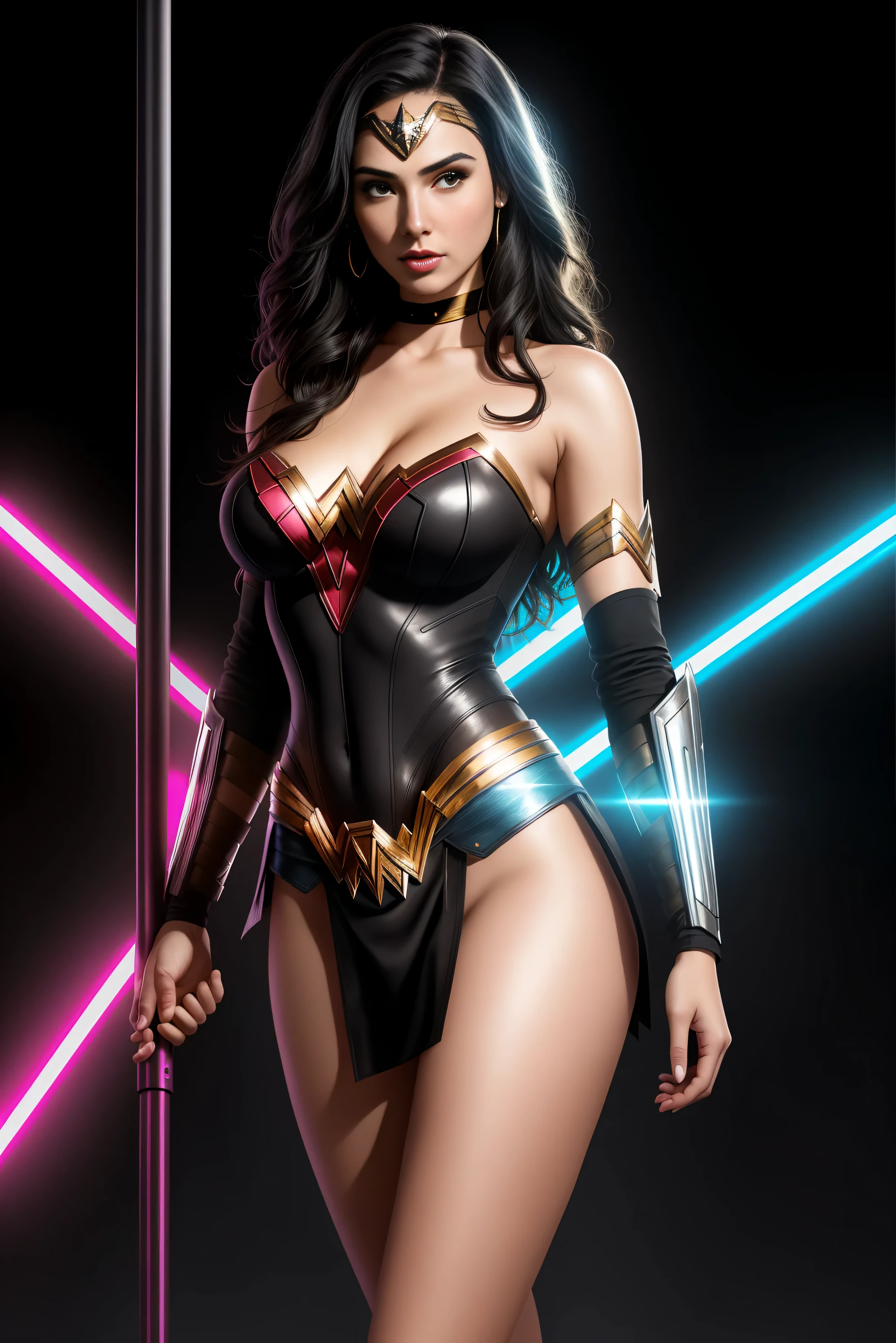 there IS GAL GADOT AS WONDER WOMAN standing, long hair, 3 d neon art of a womans body, neon-noir background, cyberpunk femme fatale, seductive cyberpunk dark fantasy, cyberpunk strip clubs, cyberpunk 20 y. o model girl, oppai cyberpunk, banner, high definition cgsociety, cgsociety masterpiece, trending on cgstation, kda, random hair, looking at camera, gigantic breasts, cleavage, (high detailed skin:1.2), 8k uhd, dslr, super lighting, high quality, film grain, high res, highly detailed, hyper realistic, beautiful face, beautiful body, beautiful eyes nose lips, alluring expression, very bold, upper visible, full body photo, standing legs apart, pale translucent glowing skin, most beautiful face, cute, (well defined pubic hair:1.2)), (dark plain black background:1.4))