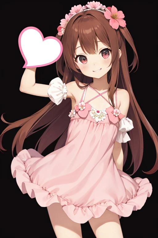 a cartoon girl holding up a heart shaped object with a pink dress on, 1girl, solo, brown hair, smile, hair ornament, long hair, flat chest, small hips, hair flower, flower, dress, transparent background