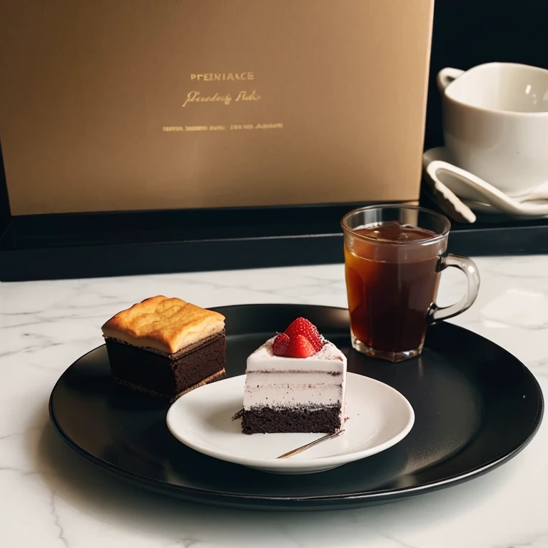 Mousse cake on a plate、black tea、Box of pastries、calm atmosphere