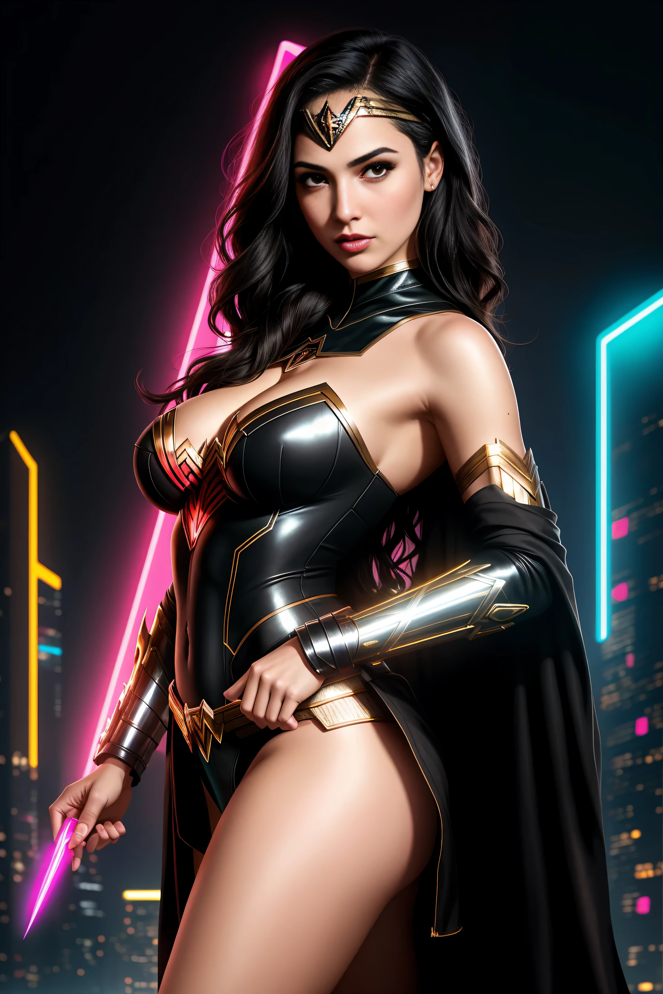 there IS GAL GADOT AS WONDER WOMAN standing, long hair, 3 d neon art of a womans body, neon-noir background, cyberpunk femme fatale, seductive cyberpunk dark fantasy, cyberpunk strip clubs, cyberpunk 20 y. o model girl, oppai cyberpunk, banner, high definition cgsociety, cgsociety masterpiece, trending on cgstation, kda, random hair, looking at camera, gigantic breasts, cleavage, (high detailed skin:1.2), 8k uhd, dslr, super lighting, high quality, film grain, high res, highly detailed, hyper realistic, beautiful face, beautiful body, beautiful eyes nose lips, alluring expression, very bold, upper visible, full body photo, standing legs apart, pale translucent glowing skin, most beautiful face, cute, (well defined pubic hair:1.2)), (dark plain black background:1.4))