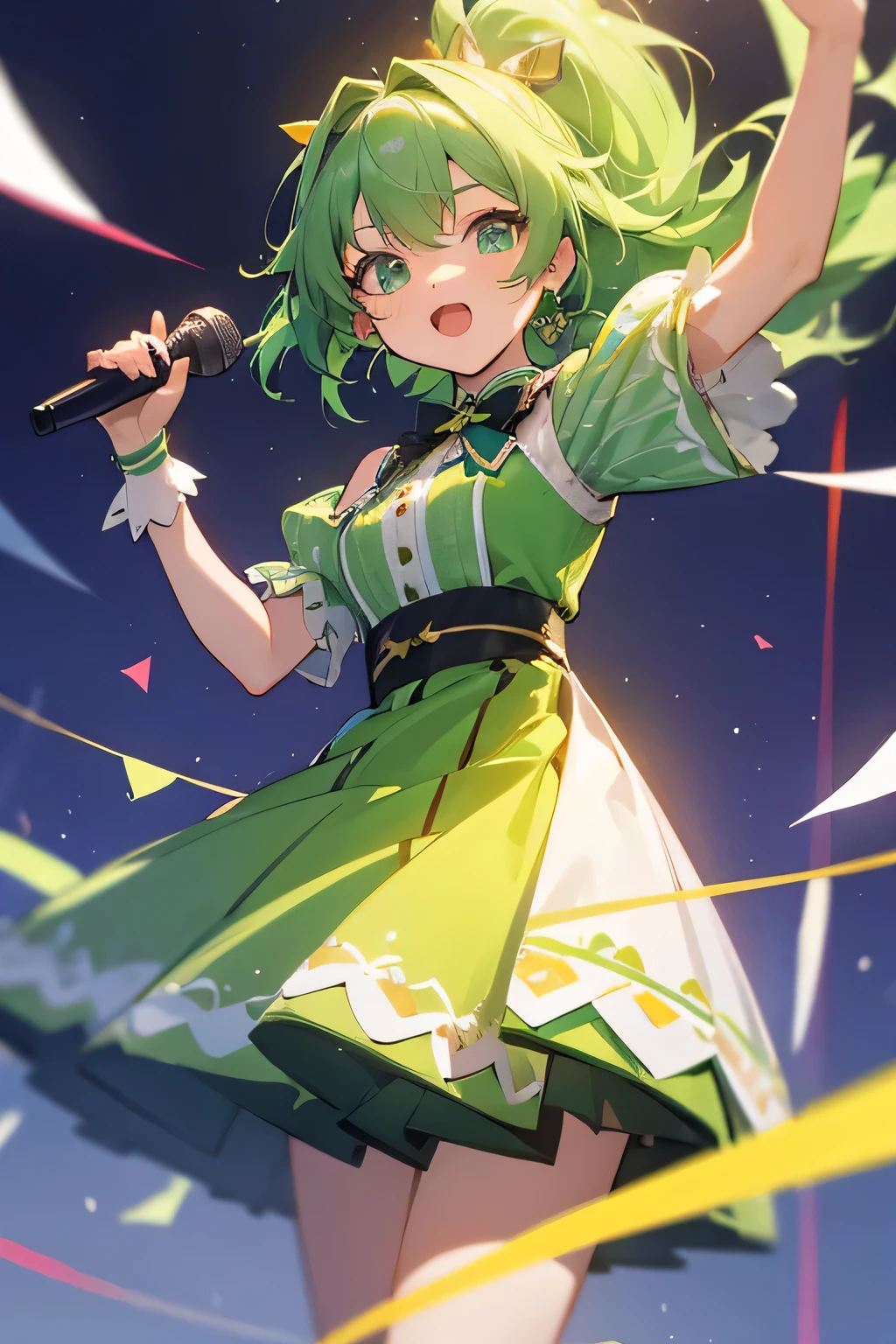 (anime:1.1), highest quality, table top,
1 girl, Lanka Lee,macross frontier　Lanka Lee, green hair, short hair、bob hair,small breasts, blue eyes, mature woman,  looking at the viewer, smile，Stage Performance, hot air，Idol style green kimono,white knee high socks，jumping,，アイドルsinger standing in the center of the stage，アイドルsinger holding a microphone and singing， アイドルsinger&#39;serious and powerful expression. singer&#39;&#39;&#39;s voice is powerful and beautiful，fans gather around the stage， ファンはアイドルsingerと一緒に歌ったり踊ったりしています