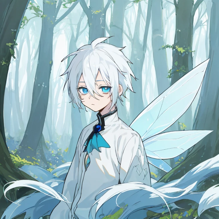 An anime cute boy with white hair and blue eyes in the fairy forest