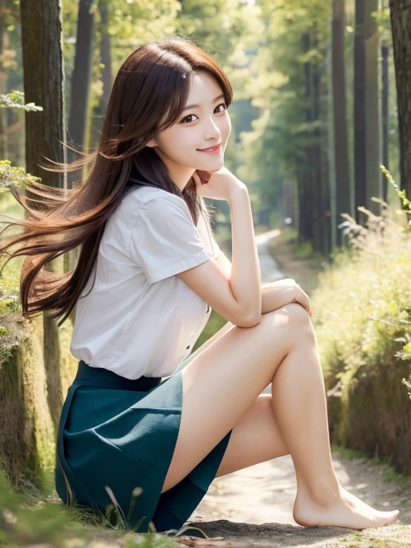 one woman、japanese woman、20-year-old beauty、professional lighting、medium long hair、brunette colored hair、brook in the forest、Light dresini skirt、High resolution、rich expression、no makeup、cute smile、face light、catch light、Body tilted slightly to the right、Foot-to-foot display、hair fluttering in the wind、Show women smaller、slightly larger breasts、Beautiful legs extending from the skirt、Show from skirt to knee、Use a reflector to bring light to your face、Sitting pose with buttocks touching down、hold your knees with both hands