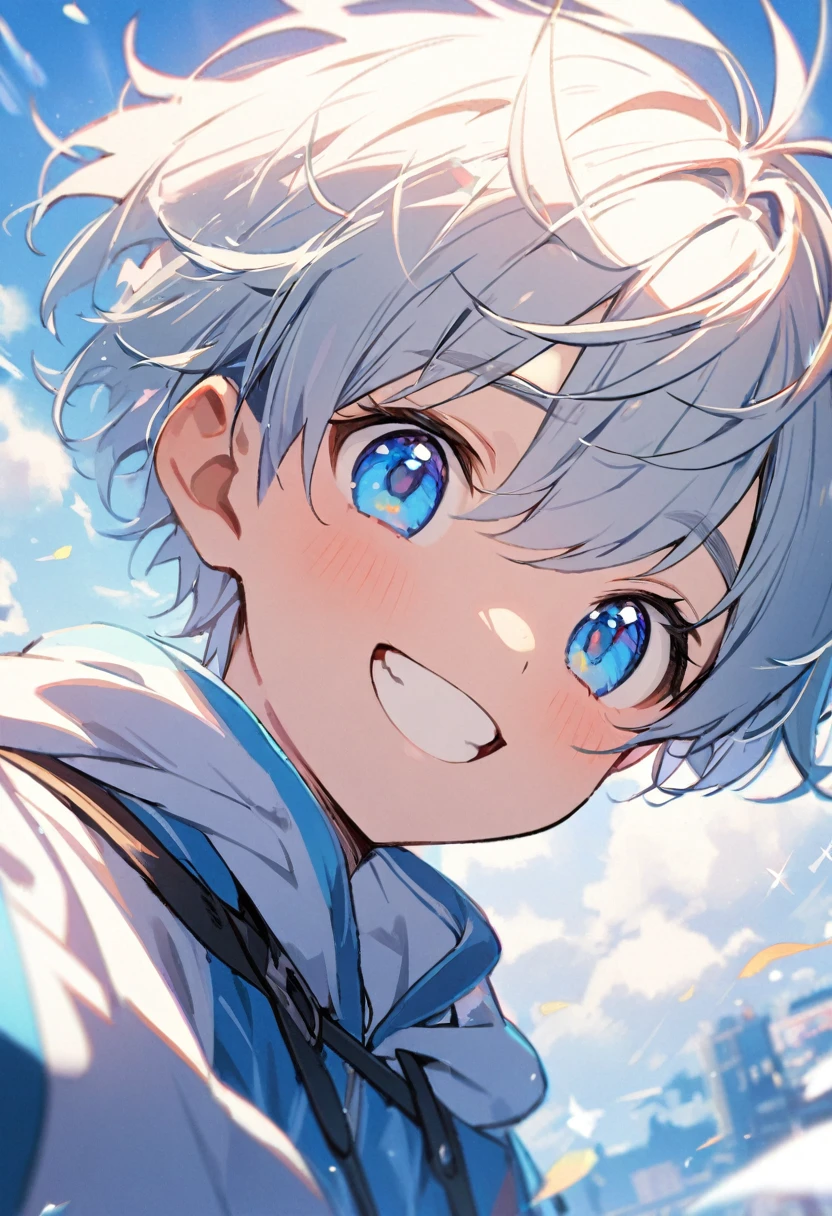 (1boy) 1boy, cute, short hair, blue big eyes, happy smile, close-up, complex perspective 