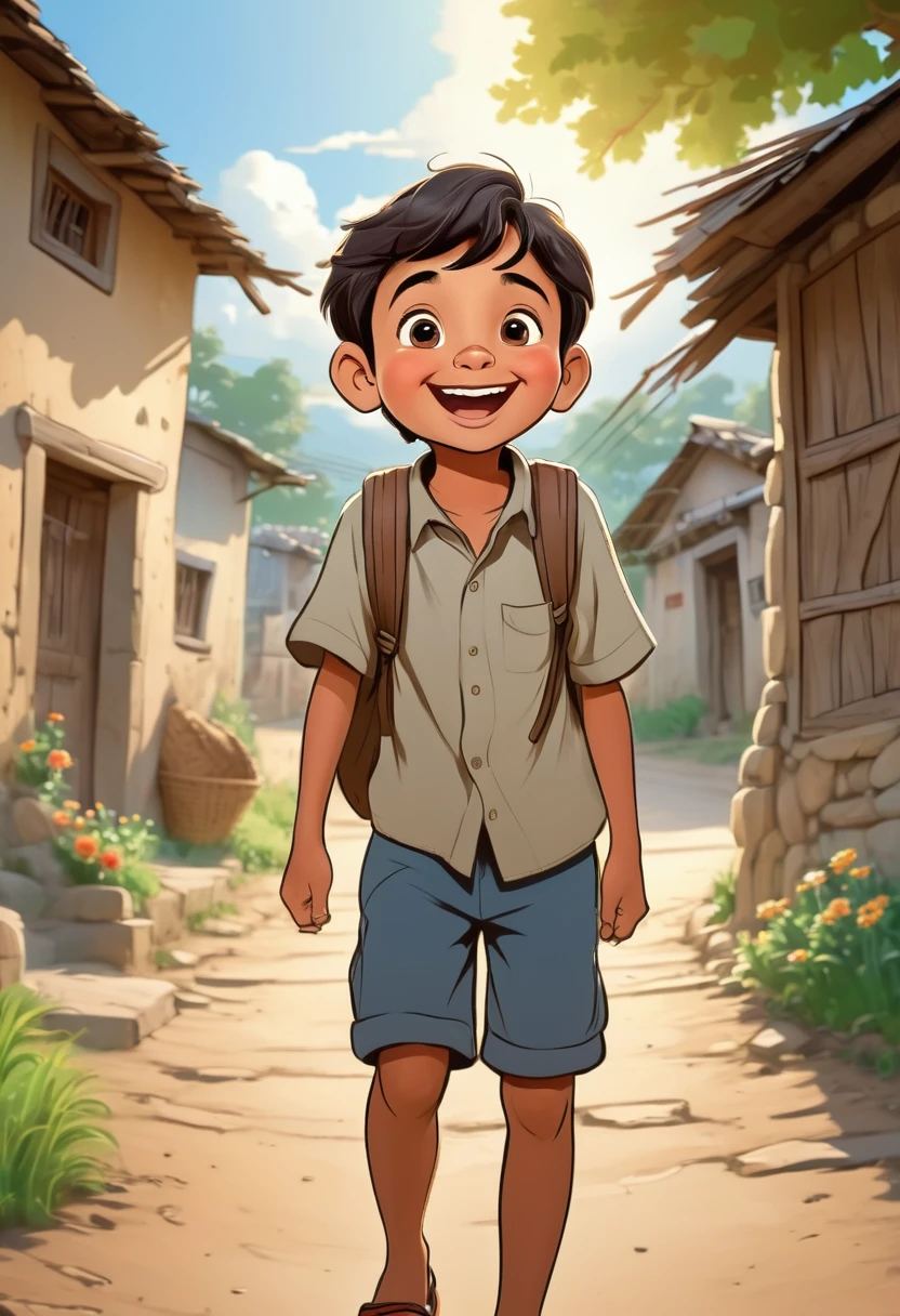 A boy  safely arriving back in the village, with a relieved expression on his face, grateful for the wisdom and guidance of his parents. Cartoon style 