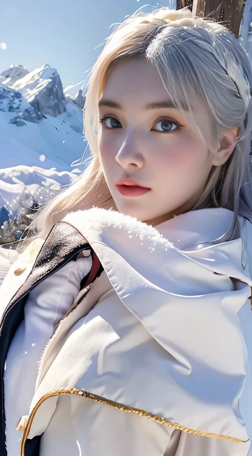 Photorealistic, high resolution, 1 Women, Solo, (****ta costume)，Gorgeous costumes，Face the audience，The upper part of the body，upper legs， beautidful eyes, White hair, ringed eyes, (outside，Heavy snowfall，Cloak，Cover with snow)，snowfield，Blue eyes，Illustrations of the highest quality，A meticulous face