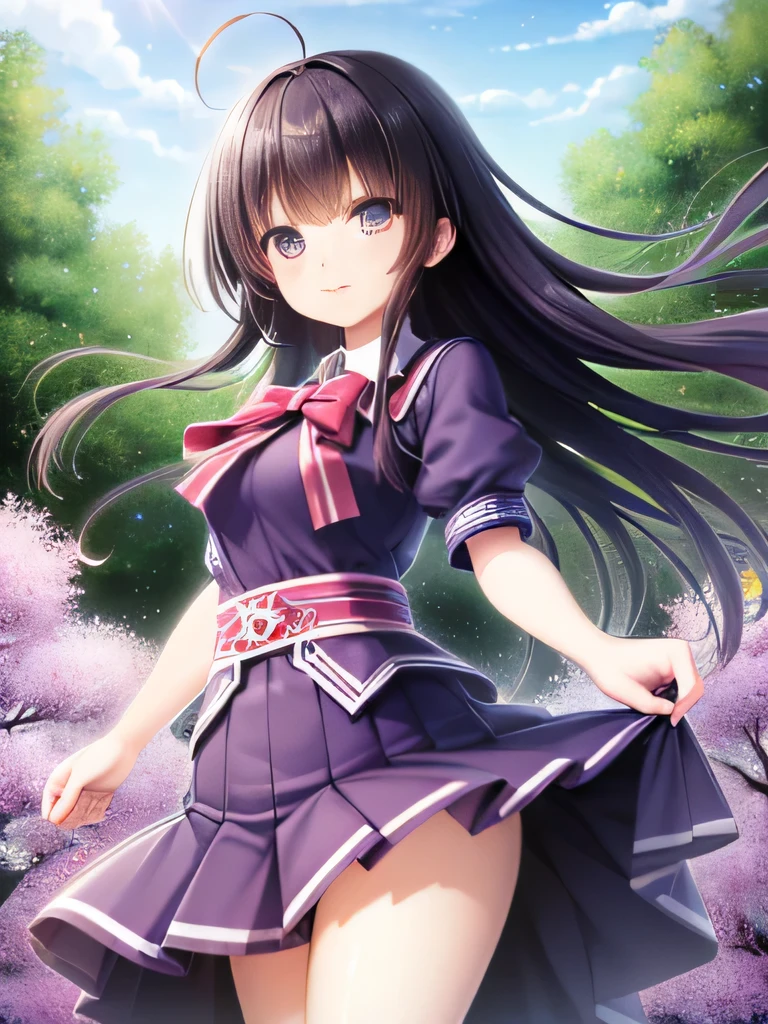 Anime girl ((high quality)), black hair ((high quality)), long hair ((high quality)), blue eyes ((high quality)), background with a purple cherry tree ((high quality)), green grasses with purple flowers ((high quality)), neutral expression ((high quality)), Japanese skirt ((high quality)), Ayaka style ((high quality)), black clothes ((high quality)).