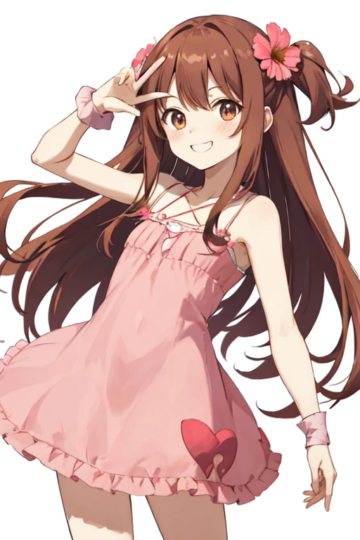 a cartoon girl holding up a heart shaped object with a pink dress on, 1girl, solo, brown hair, smile, hair ornament, long hair, flat chest, small hips, hair flower, flower, dress, transparent background