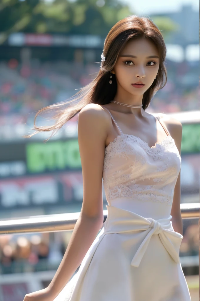 Tzuyu 1, woman, (realistic), (hyper realism), (photorealistic), Depth of the bounds written, eye make up:0.7 (whole body:1.2), (tight waist), looking at the viewer,at the racing track, lace queen, Sexy dress with open shoulders and chest