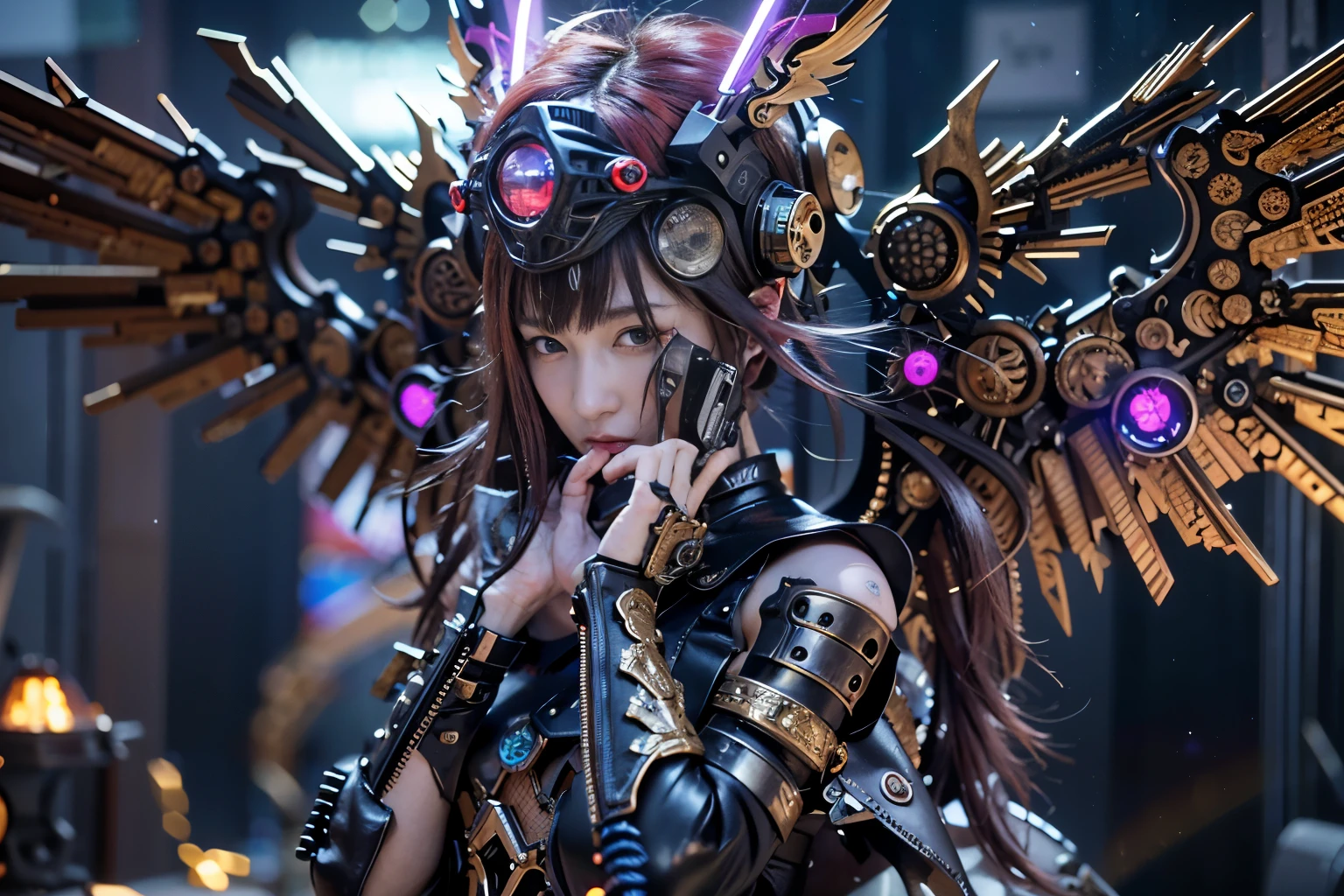 (top-quality:1.2, masterpiece)、ultra high resolution、extremely ultra surrealism, (Photorealsitic:1.4)、Raw photo、(Steampunk Battle Cyborg fallen angel)、large wings made of metal、black porcelain body、red hair、glowy skin、1 Cyborg girl、(mechanical frame:1.3)japanese, extremely cute face, ((super realistic details))、portrait、globalillumination、Shadow、octan render、8K、ultrasharp、character edge light、Details of complex ornaments、Acrylic Clear Cover、Sumerian details、Hydraulic cylinder、Small LED lamp、highly intricate detail、Realistic light、a purple eye、radiant eyes、Facing the camera、neon details、cowboy shot、Futuristic headgear、About Cyberpunk