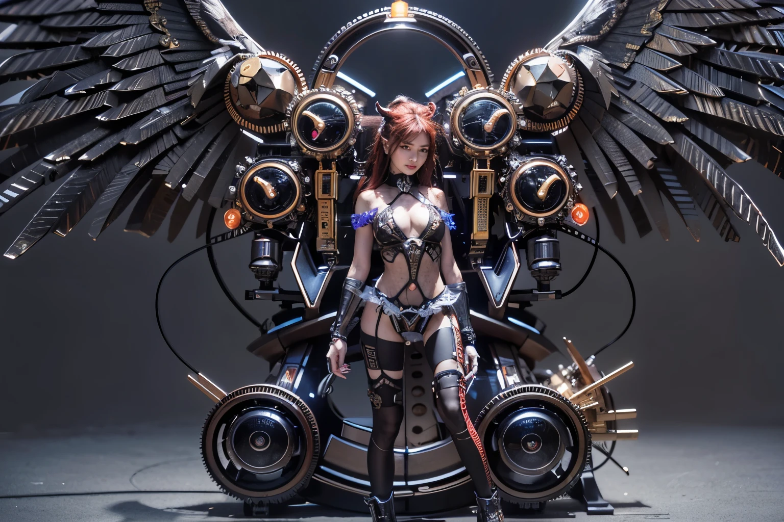 (top-quality:1.2, masterpiece)、ultra high resolution、extremely ultra surrealism, (Photorealsitic:1.4)、Raw photo、(Steampunk Battle Cyborg fallen angel)、large wings made of metal、black porcelain body、red hair、glowy skin、1 Cyborg girl、(mechanical frame:1.3)japanese, extremely cute face, ((super realistic details))、portrait、globalillumination、Shadow、octan render、8K、ultrasharp、character edge light、Details of complex ornaments、Acrylic Clear Cover、Sumerian details、Hydraulic cylinder、Small LED lamp、highly intricate detail、Realistic light、a purple eye、radiant eyes、Facing the camera、neon details、cowboy shot、Futuristic headgear、About Cyberpunk