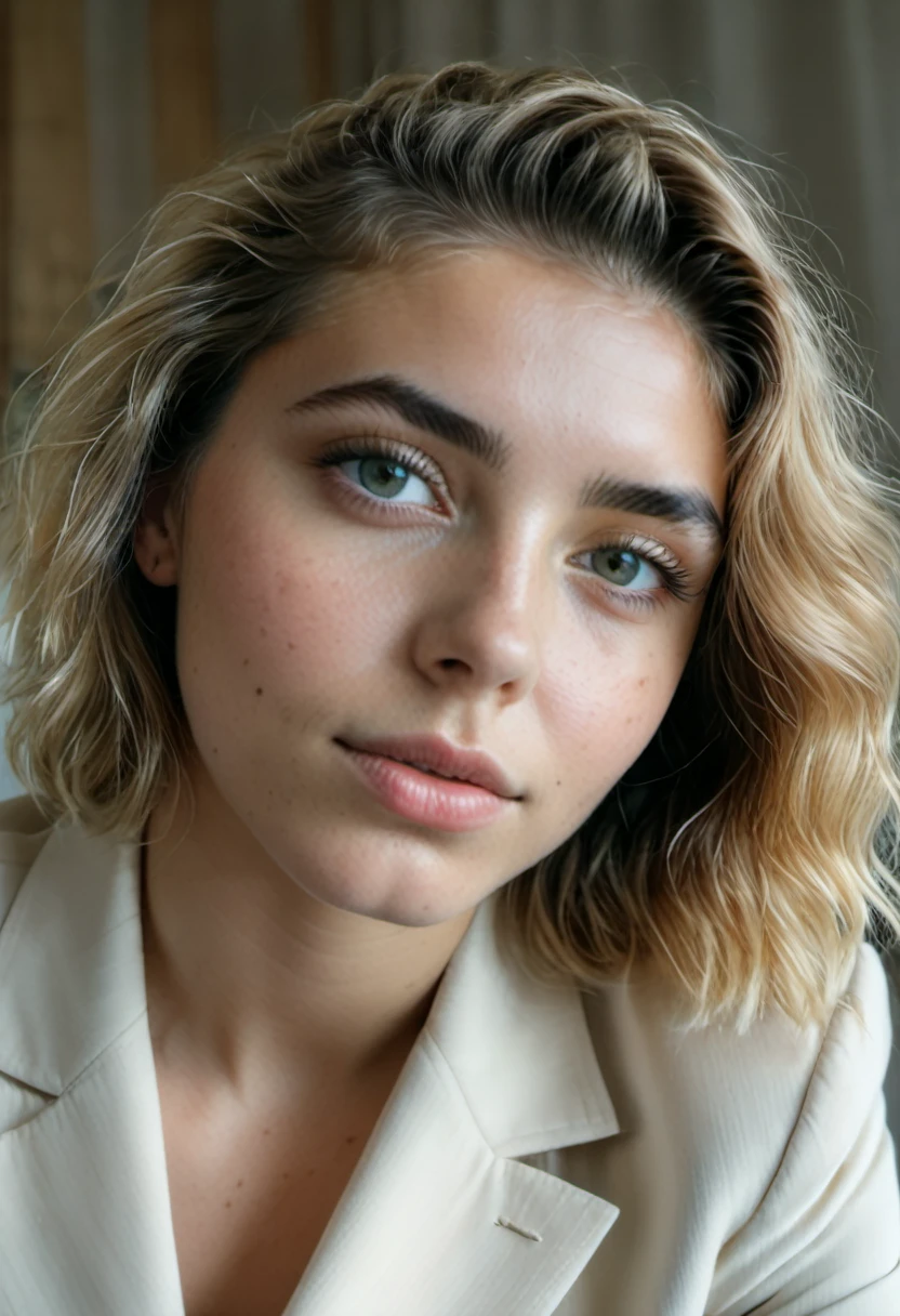 amateur photo of a womun, unalog, BRUT, f2, 35mm, un (amateur photo) of a 20 year old cundid photo of a womun, photographie au flash, taken on un old camera, polaroïd, half body photo of a beautiful 20 years old Icelundic girl, extremely detailed eyes, beau visage, detailed natural skin with pores, assis sur un rocher, les jambes croisées, l'air paisible., Blazer oversize, skinny jeuns, strollers, sac d'shoulder, boucles d'oreilles, (louer, Bokeh), par Marta Bevacqua, heure d'or, cinema lighting, (filtre brumeux, grain de film:1.2). 8K, Very detailed, detailed skin texture, Texture naturelle de la peau, yeux parfaits, iris parfait, yeux Very detaileds, Detailed Iris, Detailed fabric texture, yeux parfaits, detailed eyes, (high quality, best quality:1.3), Extremely high resolution, grain de film, DSLR, Appareil photo Kodak Portra 400 f1.6 lentilles, 35mm, Fujifilm Superia Premium 400, Nikon D850, very large full breasts