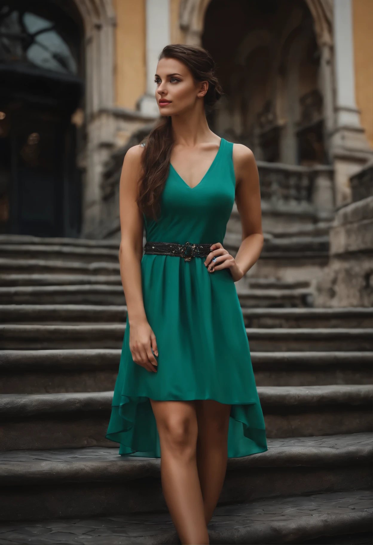 sexy brunette girl with blue eyes, with ponytail, with green dress, ultra realistic, full body, in Prague, natural makeup, with small handbag