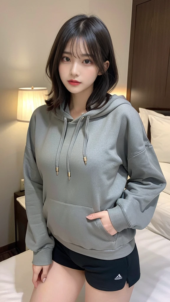 muste piece, best quality, illustration, Super detailed, fine details, High resolution, 8K,wall paper, perfect dynamic composition,(Details High quality, realistic depiction of eyes:1.3), (Oversized Light Gray Hoodie:1.2), Erotic Shorts, big breasts, short bob hair、black hair color, Big Natural Color Lip, bold sexy pose, (perfect body shape), crying a little、cold gaze, Harajuku style、20 year old girl、cute type、lolita、beautiful legs, hotel room, gravure idol