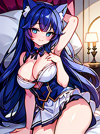 chef-d'ouvrages d'art,best qualit upy,8K,khd,1 fille allemande,humain ,ahri ,((exquisite details)),,jeune,Seul, Huge neckline:2,Mes yeux pétillent, yeux petillants et doux,(yeux brillants de lumière:1.233),((long dark blue hair) ), montre tes jambes, eager smile, bouche ouvert,((robe en gaze marine transparente,very light gauze skirt, Allongé dans son lit, lying on the back, arm above the head,Pas de soutien-gorge,riches bijoux en argent, Chambre, lit up)),(Beautiful and detailed eyes:1.3,regarde la caméra),rougir, scarlet cheek, Allongé dans son lit,fille embarasser, fille honteuse, embarrassed girl, Rear Lens:1.3, position sexy, position sexuelle, vetement ouvert