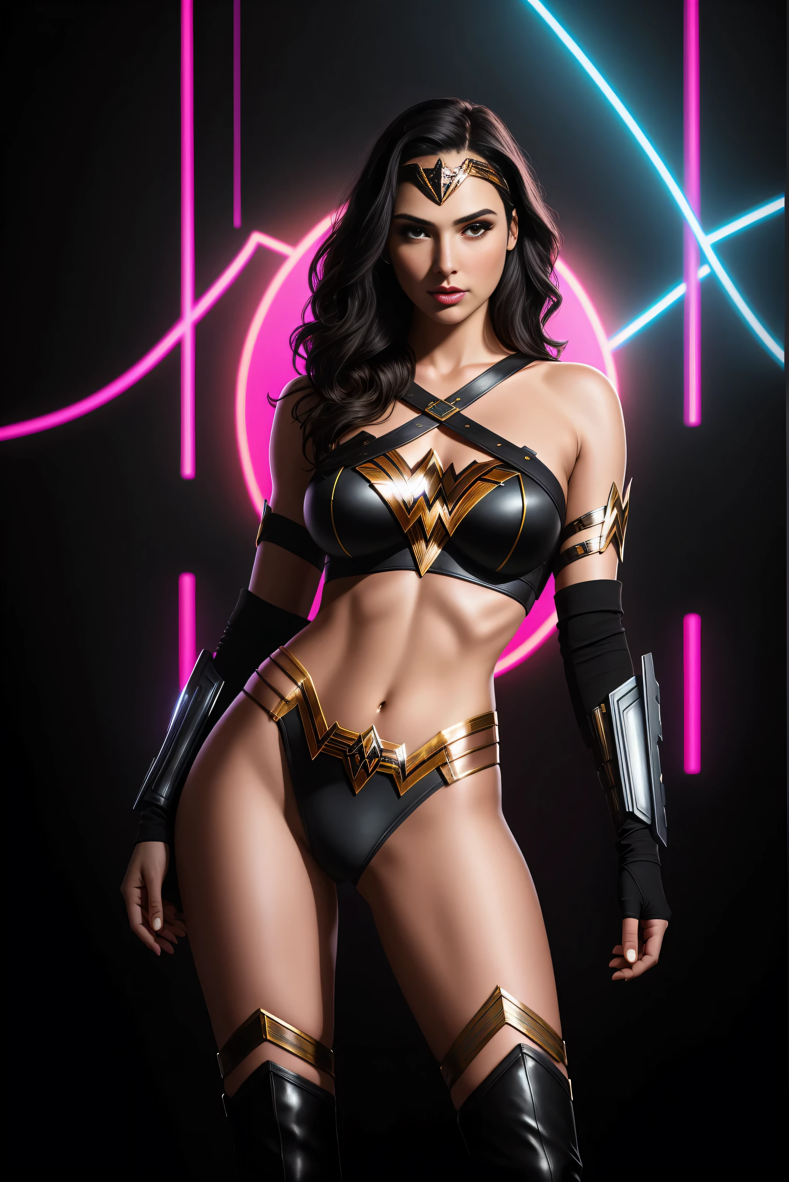 there  IS GAL GADOT AS WONDER WOMAN standing, long hair, 3 d neon art of a womans body, neon-noir background, cyberpunk femme fatale, seductive cyberpunk dark fantasy, cyberpunk strip clubs, cyberpunk 20 y. o model girl, oppai cyberpunk, banner, high definition cgsociety, cgsociety masterpiece, trending on cgstation, kda, random hair, looking at camera, gigantic breasts, cleavage, (high detailed skin:1.2), 8k uhd, dslr, super lighting, high quality, film grain, high res, highly detailed, hyper realistic, beautiful face, beautiful body, beautiful eyes nose lips, alluring expression, very bold, upper  visible, full body photo, standing legs apart, pale translucent glowing skin, most beautiful face, cute, (well defined pubic hair:1.2)), (dark plain black background:1.4))