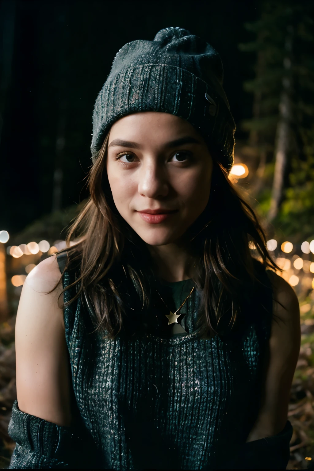 VeronicaCipher ((Upper body selfie, happy)), masterpiece, top quality, ultra detail, solo, outdoors, (night), mountain, nature, (star, moon) cheerful, happy, glove, sweater, hat, flashlight, forest, rock, river, wood, smoke, shadow, contrast, clear sky, analog style (See viewer:1.2) (skin texture) (Film grain: 1.3), (Warm shades, warm tones): 1.2), Close-up, Cinematic Light, Side Light, Ultra High Resolution, Vest Shadow, RAW, Wear Pullover, Kodak Vision 3,