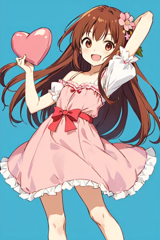 megumi hayakawa, megumi`s magical transformation, a cartoon girl holding up a heart shaped object with a pink dress on, 1girl, solo, brown hair, smile, hair ornament, long hair, flat chest, small hips, hair flower, flower, dress, transparent background