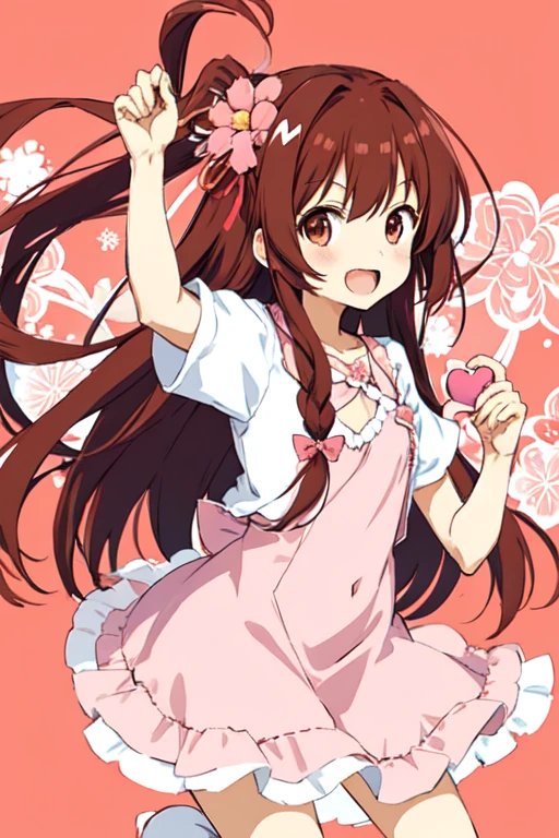 megumi hayakawa, megumi`s magical transformation, a cartoon girl holding up a heart shaped object with a pink dress on, 1girl, solo, brown hair, smile, hair ornament, long hair, flat chest, small hips, hair flower, flower, dress, transparent background