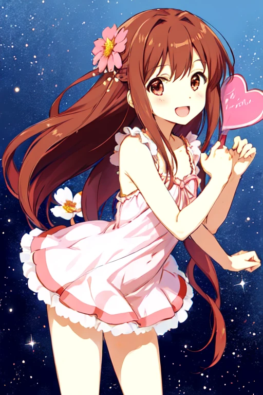 megumi hayakawa, megumi`s magical transformation, a cartoon girl holding up a heart shaped object with a pink dress on, 1girl, solo, brown hair, smile, hair ornament, long hair, flat chest, small hips, hair flower, flower, dress, transparent background