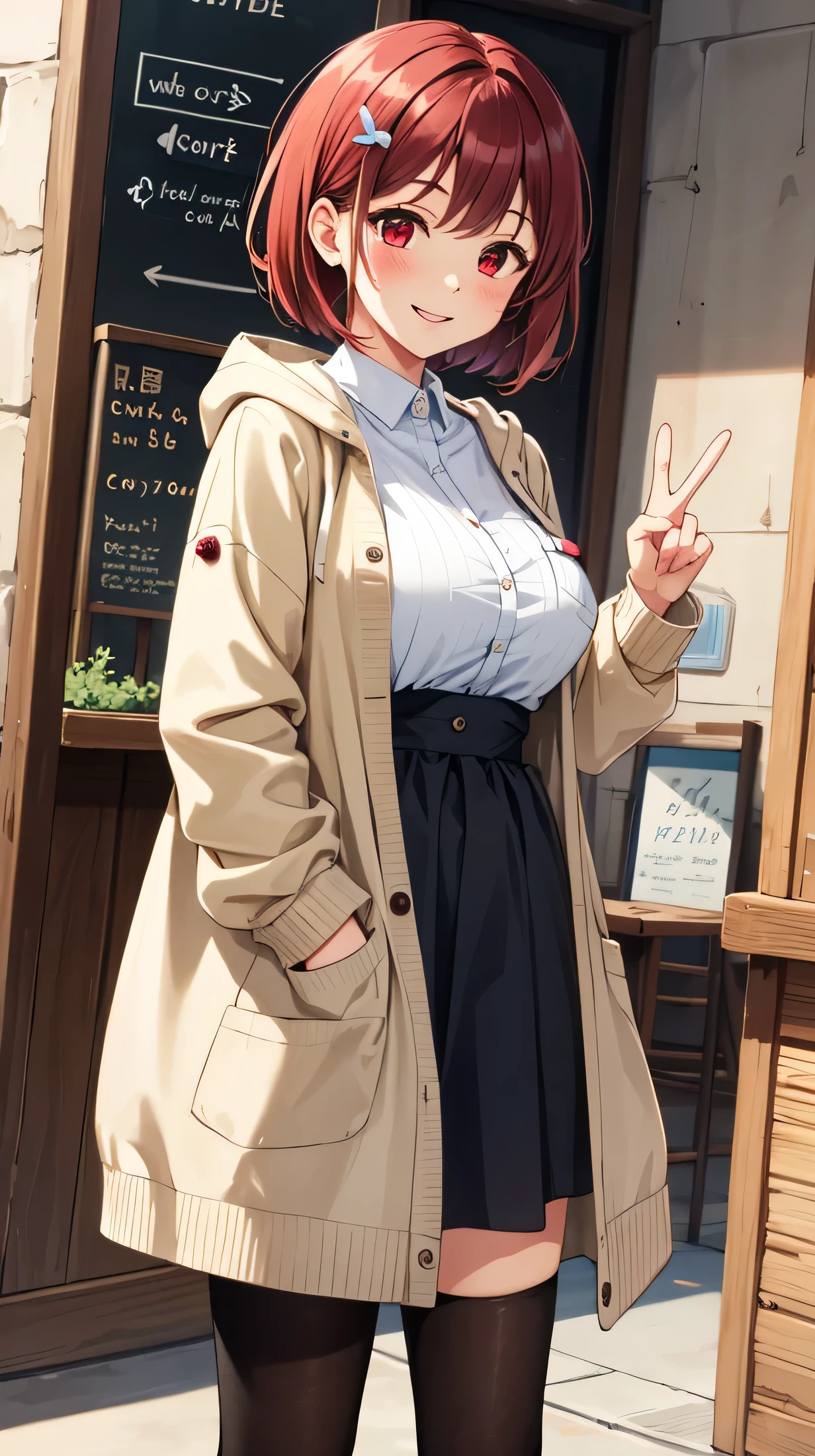 cute,cute,
1 girl, alone,
cranberry hair, pixie cut, bangs, hair ornaments,
red eyes,
point finger,
Oversized cardigan with smiling patch pockets and hood,
big breasts,
BREAK The background is a cafe,Gemini,