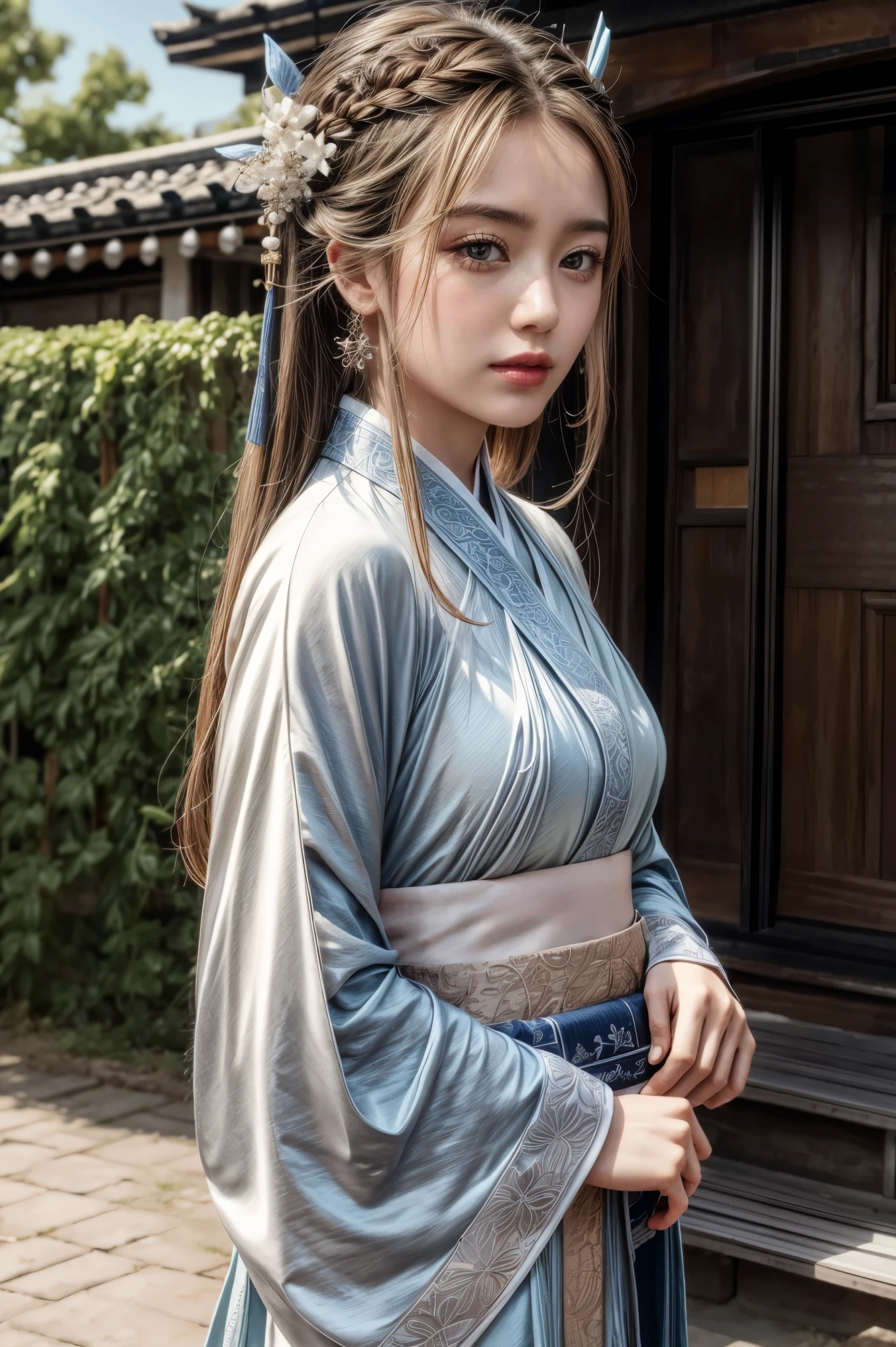 best quality, masterpiece, photo realistic, ultra realistic, raw photo, 1girl, hanfu, standing in front a house, hair ornament, bracelet, beautifull face, beautifull eyes, detailed background, finely detailed