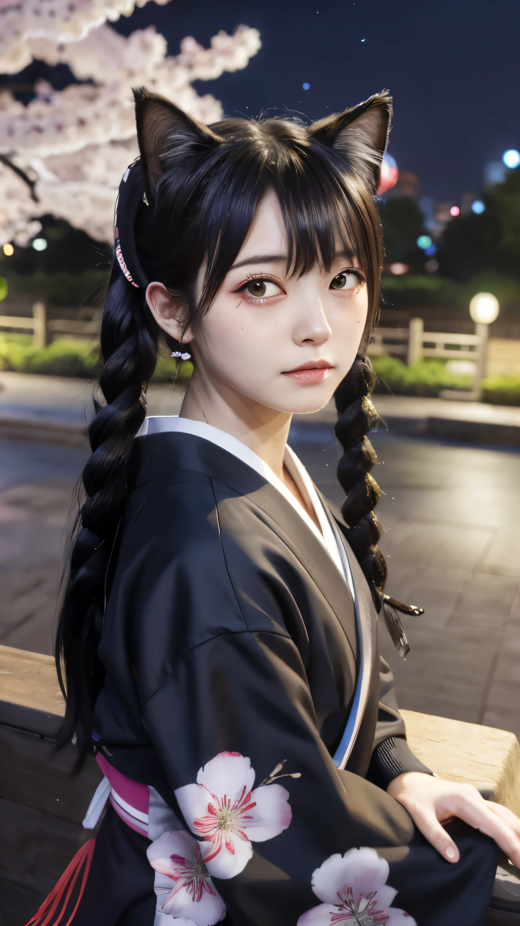 masterpiece, 4k, Bokeh, (Emo art:1.6), realistic, (japanese idol:1.6), beautiful face, girl, blushing face, Cat ear, twin tail hair, (night park:1.3), seat, look at the audience, cherry blossoms柄の黒チャイナドレス, cherry blossoms blizzard , cherry blossoms, close