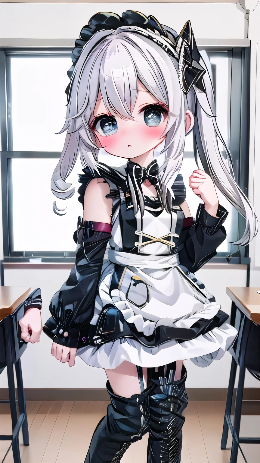 white hair，****，Nasida，maid outfit，Shy，blush，black boots，Classroom scene，for the audience，stand