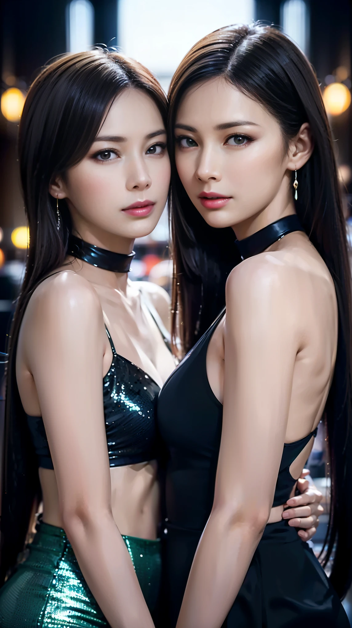 (masterpiece, highest quality, 8K, sharp focus, Depth of the bounds written, best shadow, perfect light, HDR, realistic skin texture, ultra-be familiar with background, be familiar with), anime style, two women kissing (one of them has green eyes, white skin, black hair ponytail, choker, small breasts, slim, compensate, eyeliner, Sparkling), (The other woman has blonde hair.), at the nightclub, cyberpunk theme, cyberpunk city.